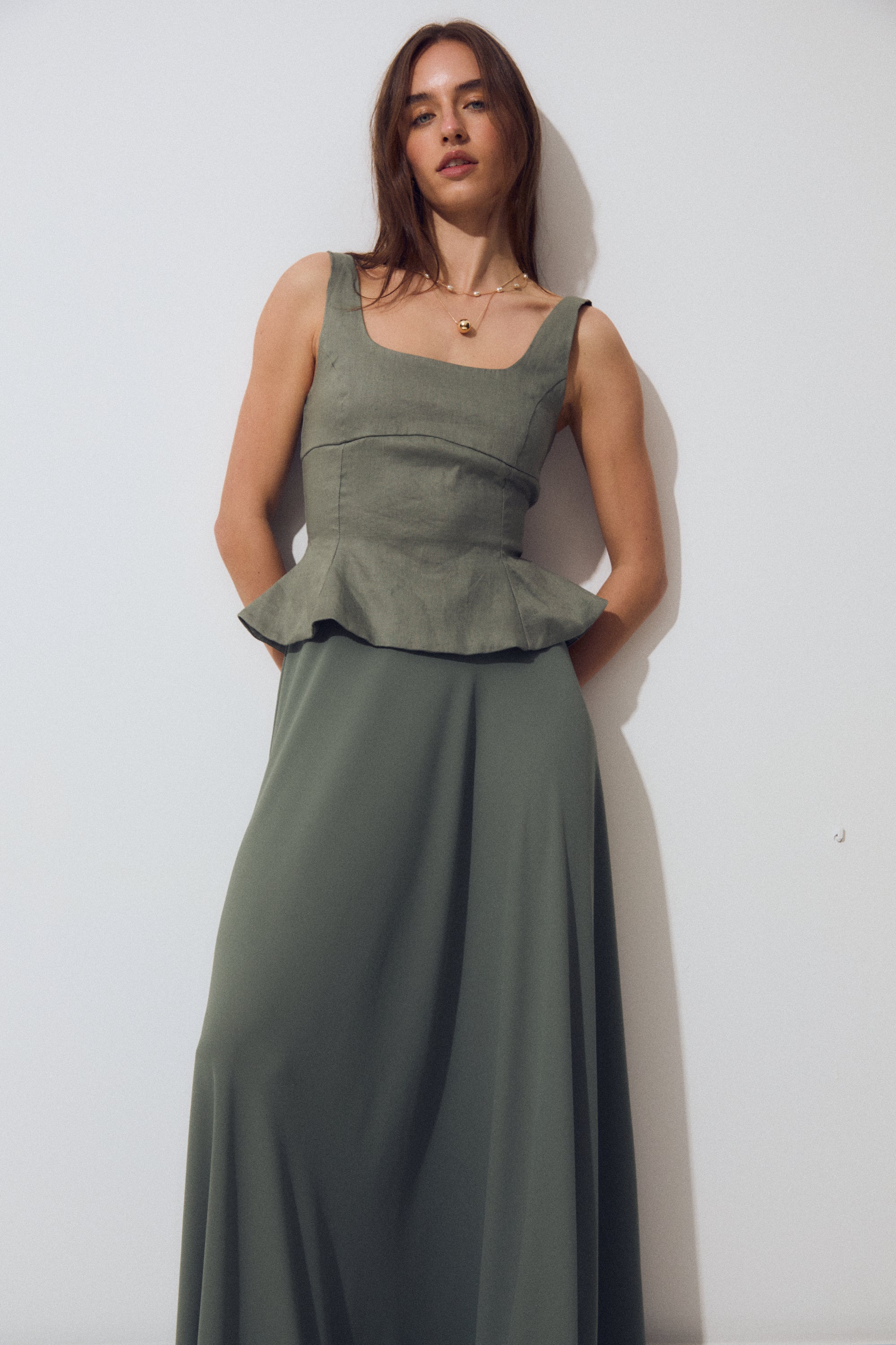 Sorelle Dress Sage Green – Long Linen & Crepe Dress