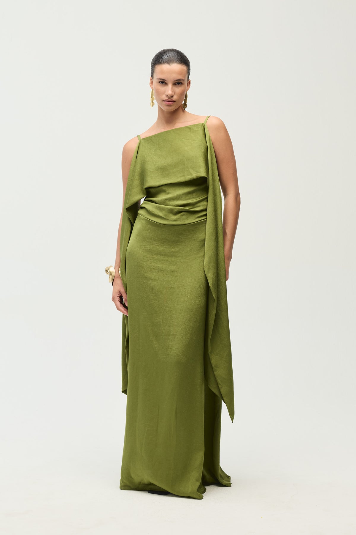 Delphine Dress, Olive Satin