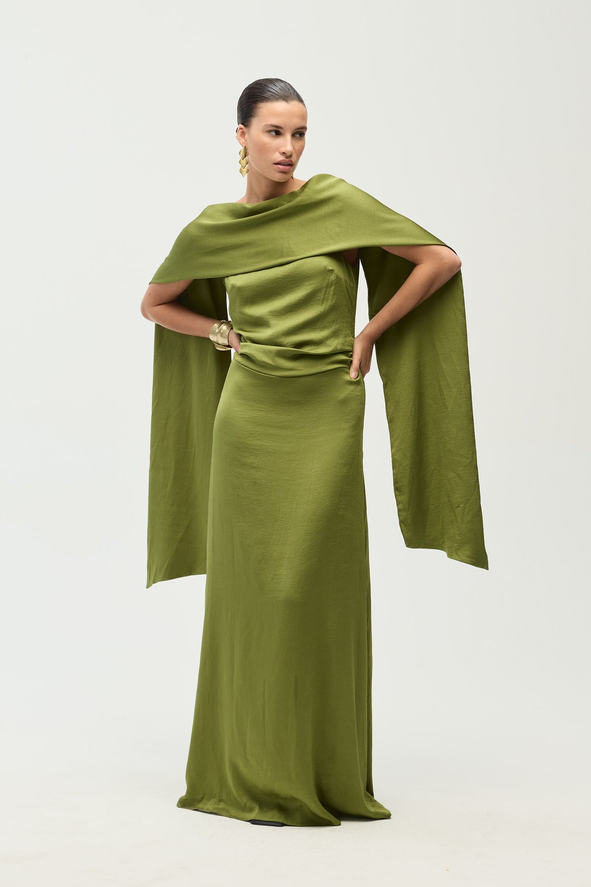 Delphine Dress, Olive Satin