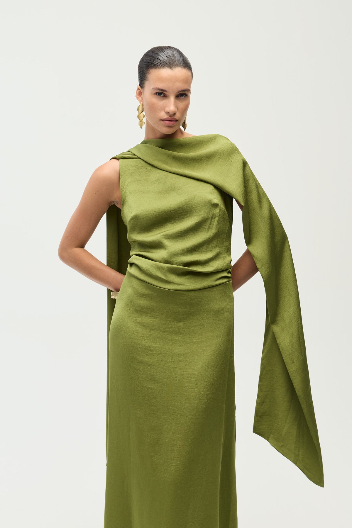 Delphine Dress, Olive Satin
