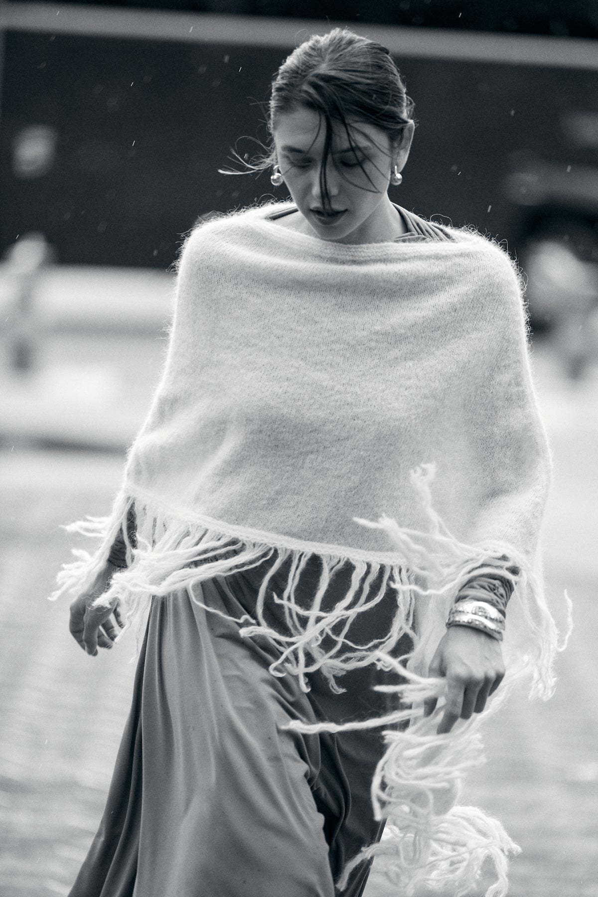 white fringed shawl