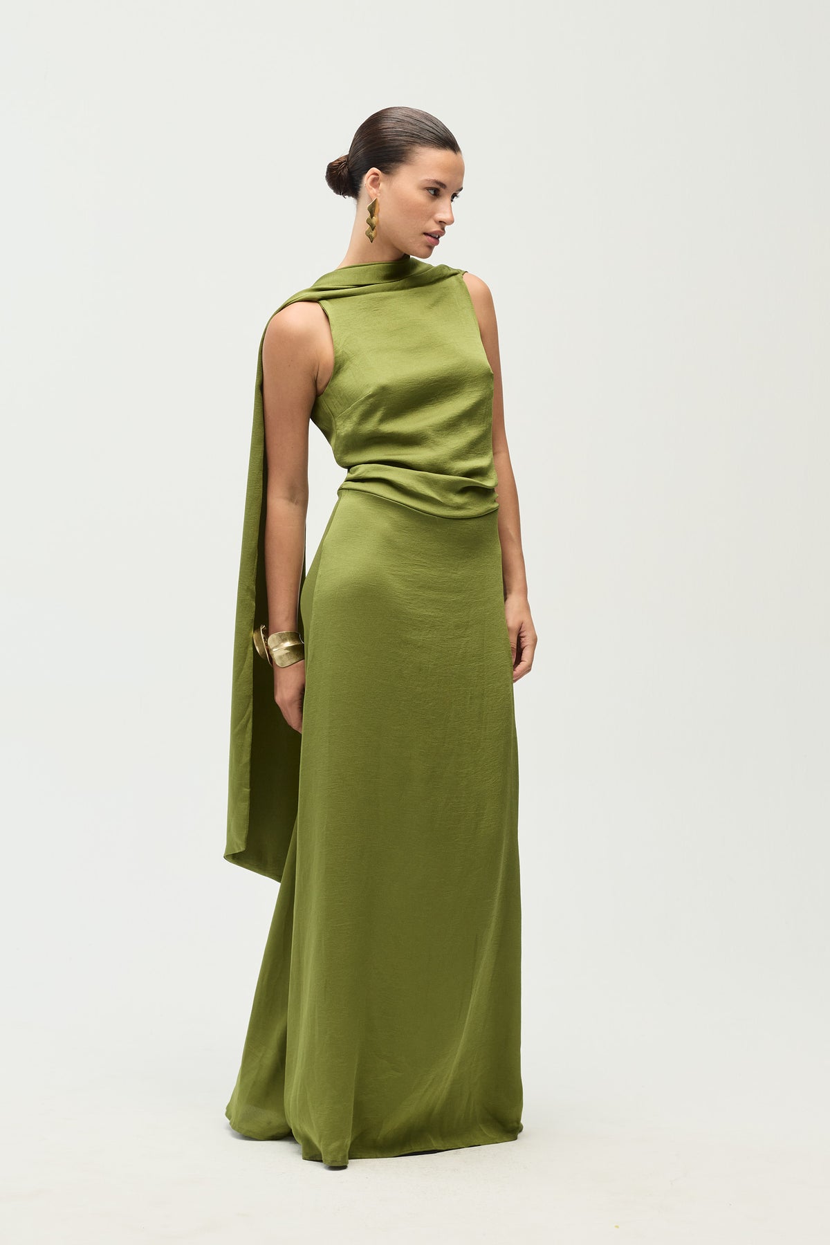 Delphine Dress, Olive Satin