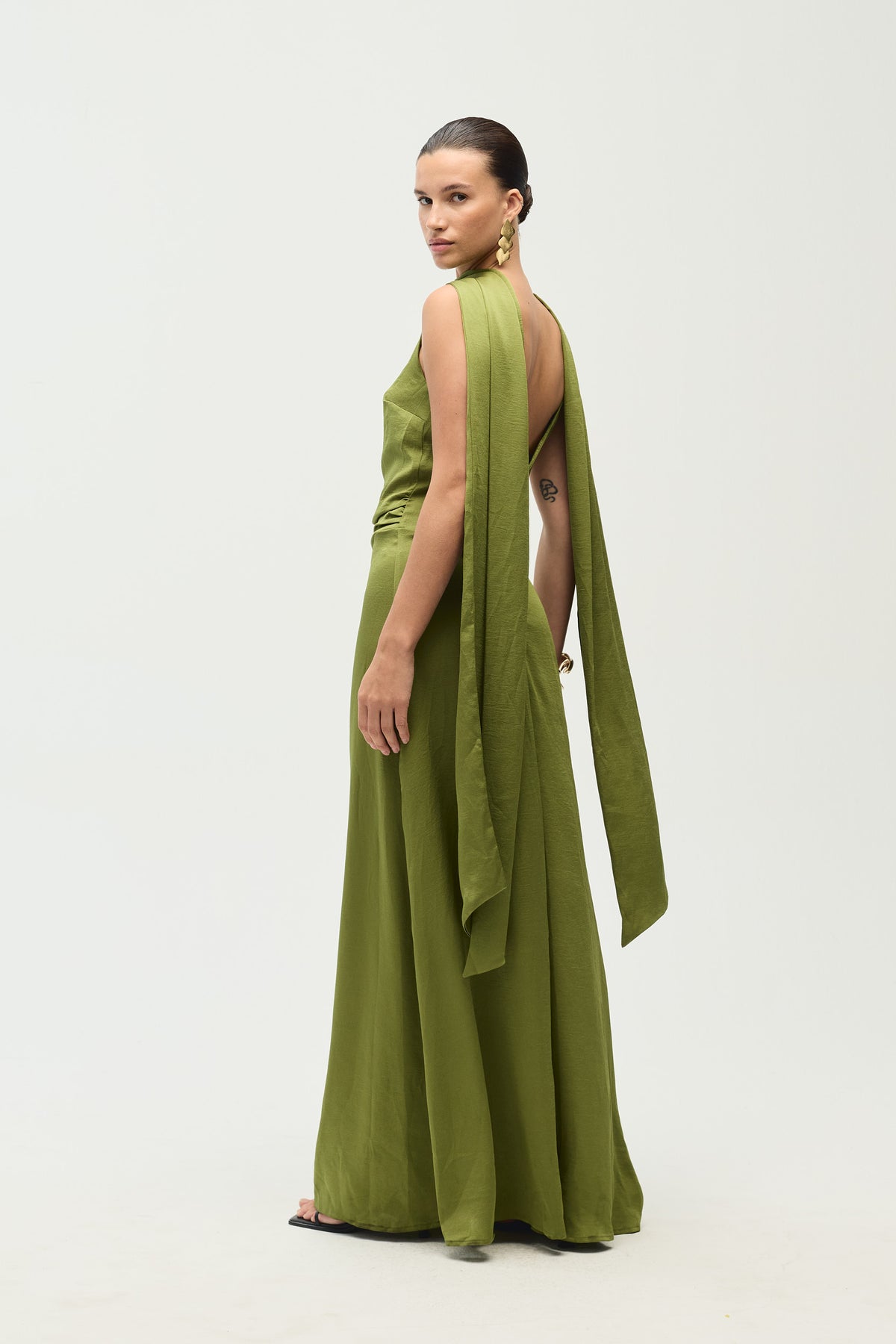 Delphine Dress, Olive Satin