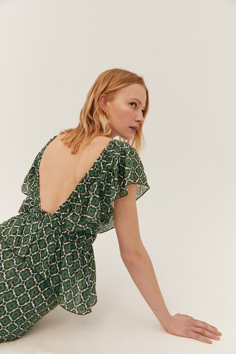 Coral Dress, Green Geo Print