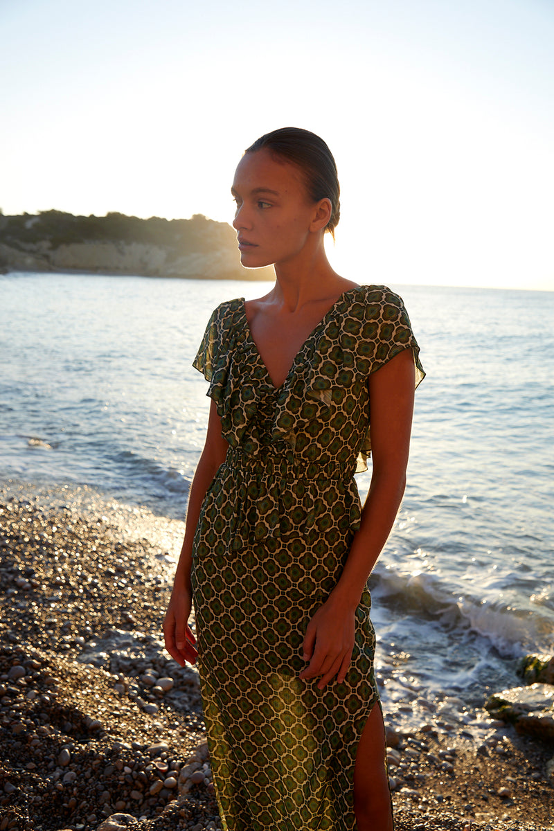 Coral Dress, Green Geo Print